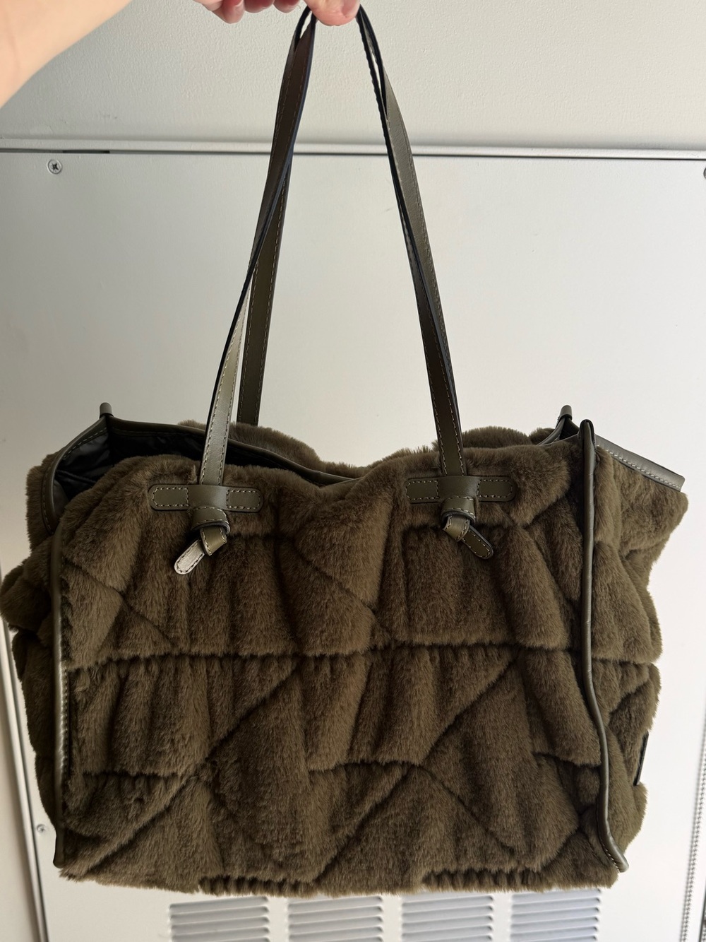 Women's Olive Faux-Fur Quilted Tote Bag